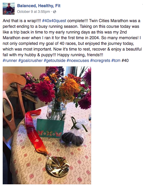 Kate's pre-race reflection post on her Facebook page Balanced, Healthy, Fit